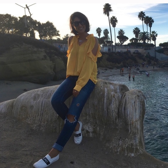 Yellow Cold Shoulder Ruffle Blouse - Picture 3 of 3